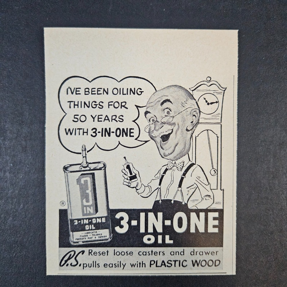 1952 3-In-One 1 Oil Can Comic Vintage Print Ad Grandfather‎ Clock Bowtie Grandpa